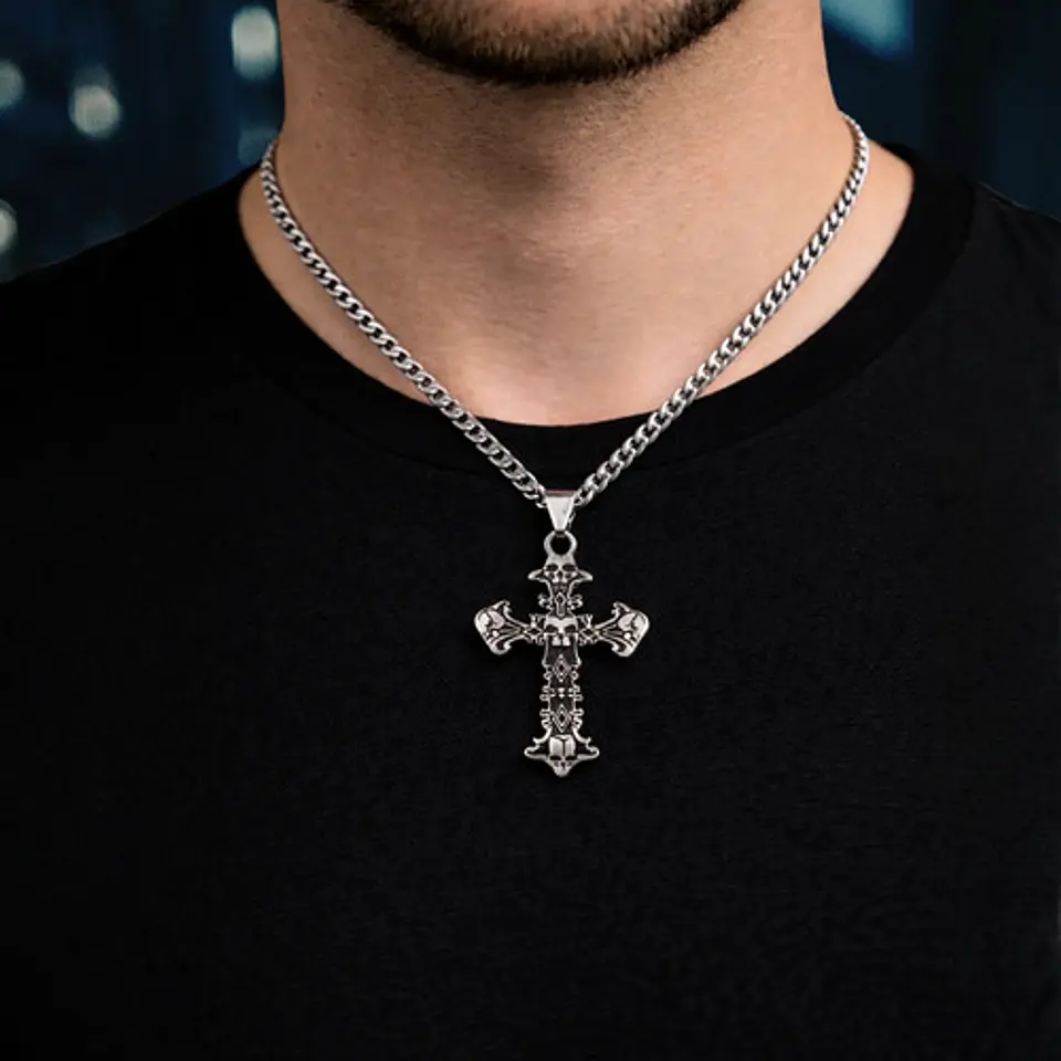 Collar Hombre Dije Cruz Calavera Gótica De Acero Color Plata 6