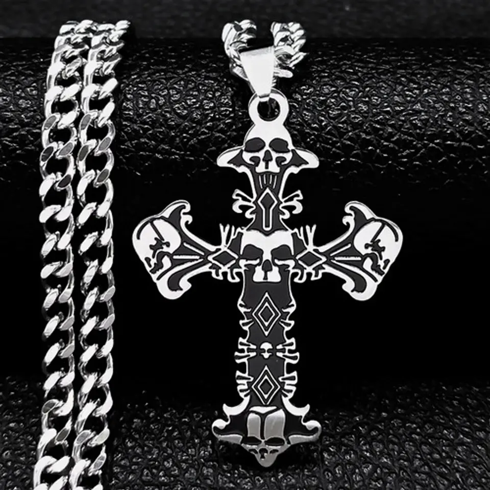 Collar Hombre Dije Cruz Calavera Gótica De Acero Color Plata 9