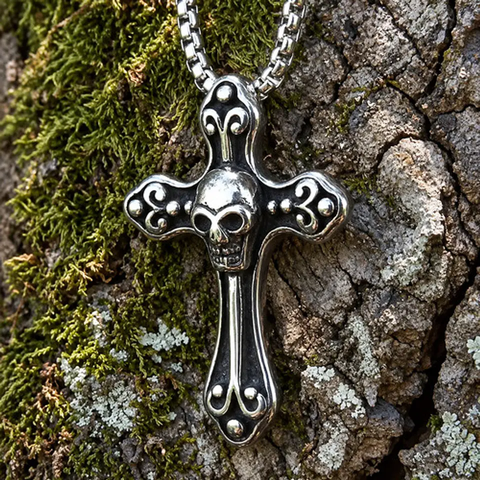 Collar En Acero Para Hombre Y Mujer Dije Cruz Cráneo Gótica 5