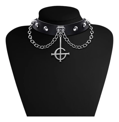 Collar Choker Para Mujer Dije Cruz Invertida Ghost Bc Rock  Plateado