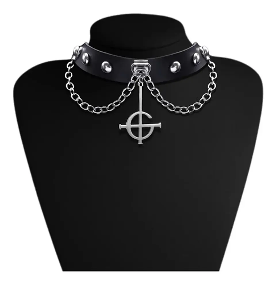 Collar Choker Para Mujer Dije Cruz Invertida Ghost Bc Rock  Plateado 2