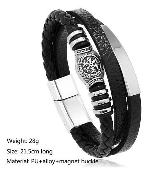 Pulsera Para Hombre De Cuero Capas Runas Vegvisir Vikingo
