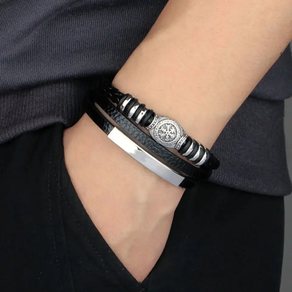 Pulsera Para Hombre De Cuero Capas Runas Vegvisir Vikingo 4