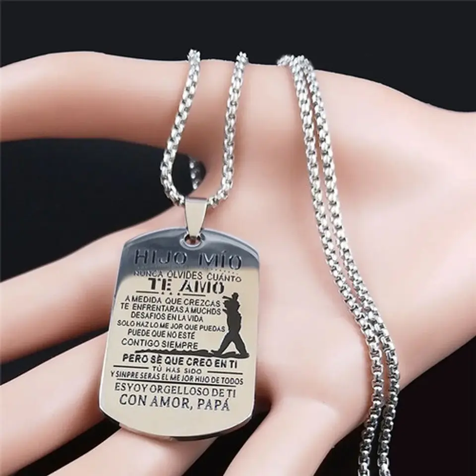 Collar Para Hombre Con Dije Placa Padre A Hijo Color Plata 3