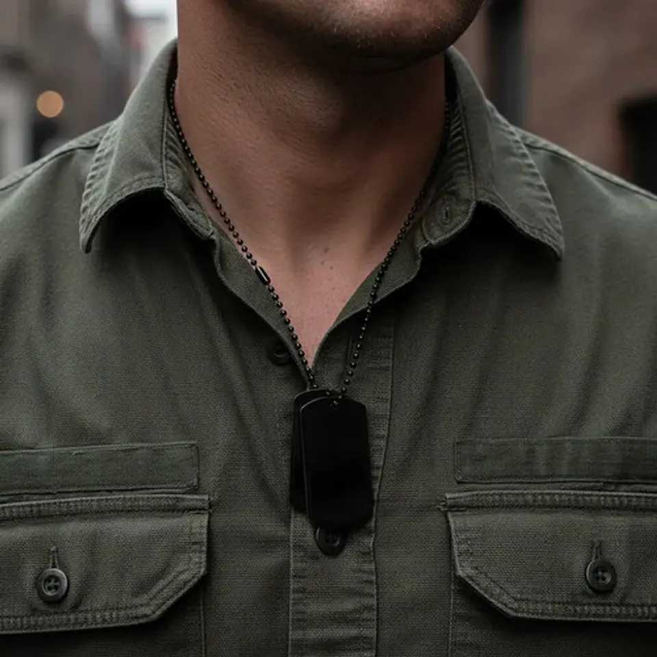 Collar De Acero Para Hombre Dijes Placas Militares Plata 12