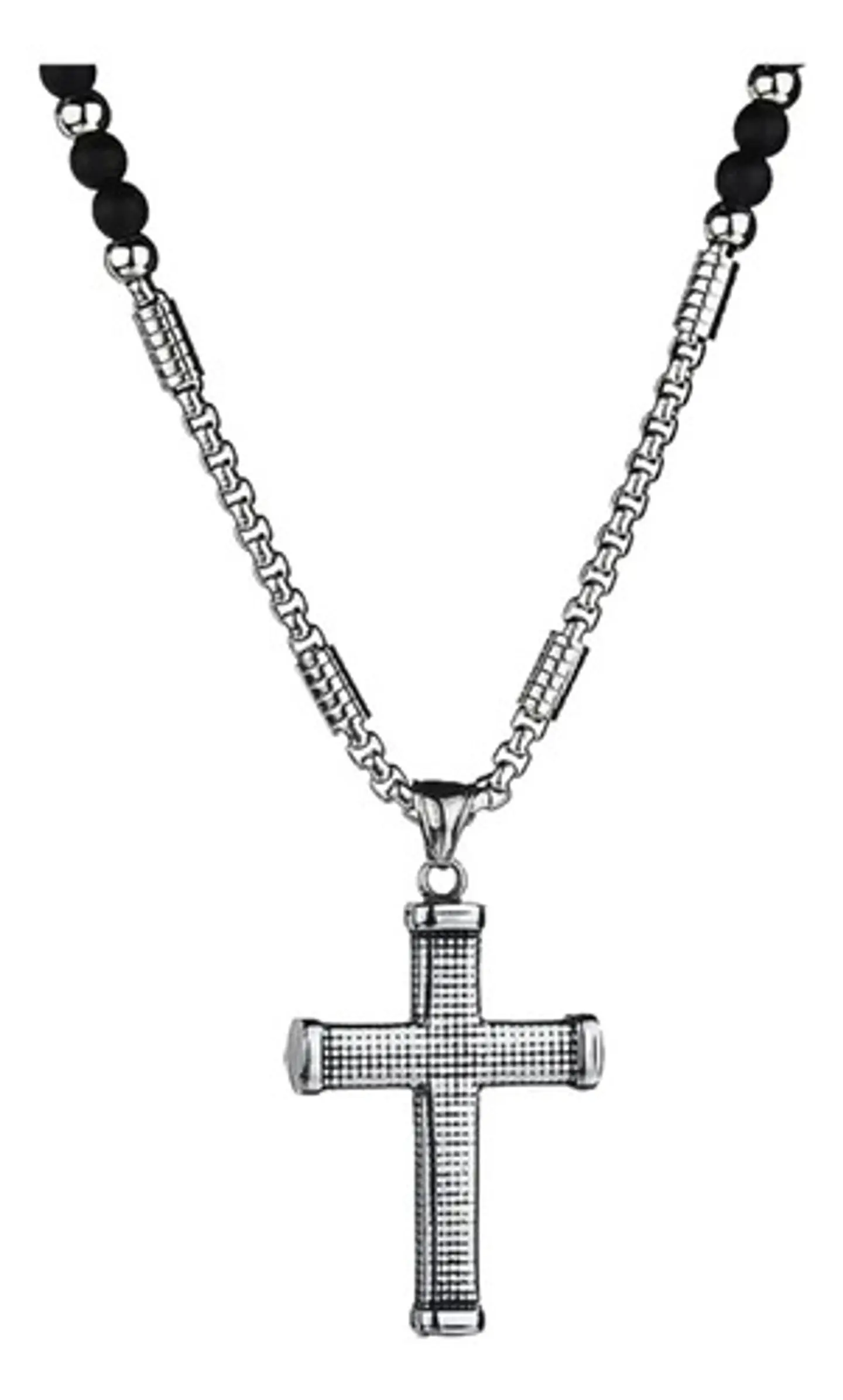 Collar Para Hombre Con Dije Cruz De Acero Cuentas De Ágata  Plateado 1