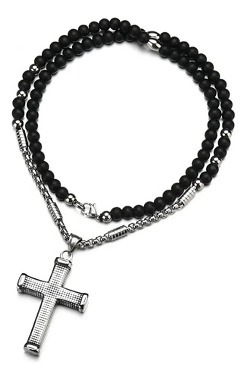 Collar Para Hombre Con Dije Cruz De Acero Cuentas De Ágata  Plateado