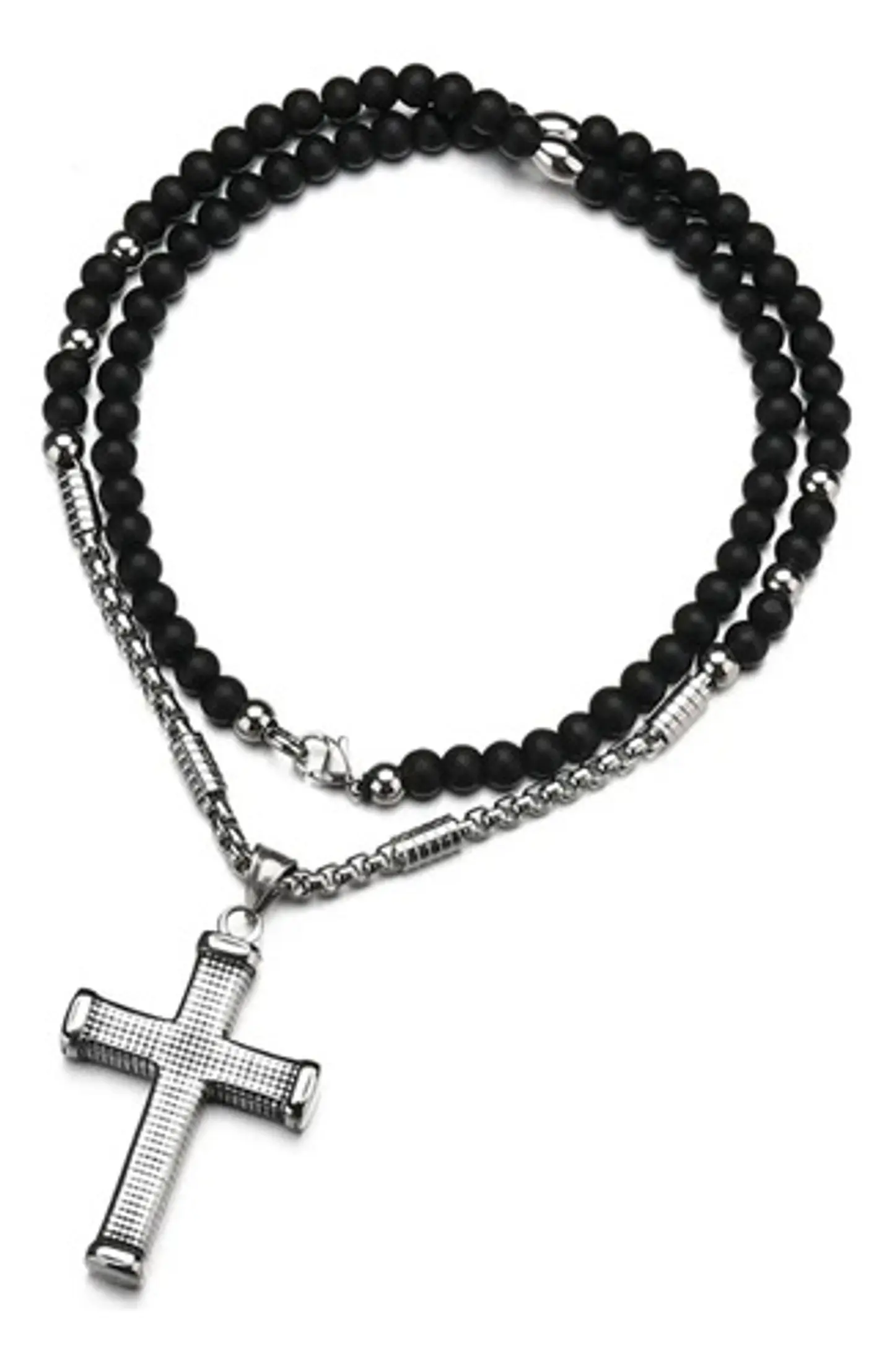 Collar Para Hombre Con Dije Cruz De Acero Cuentas De Ágata  Plateado 2