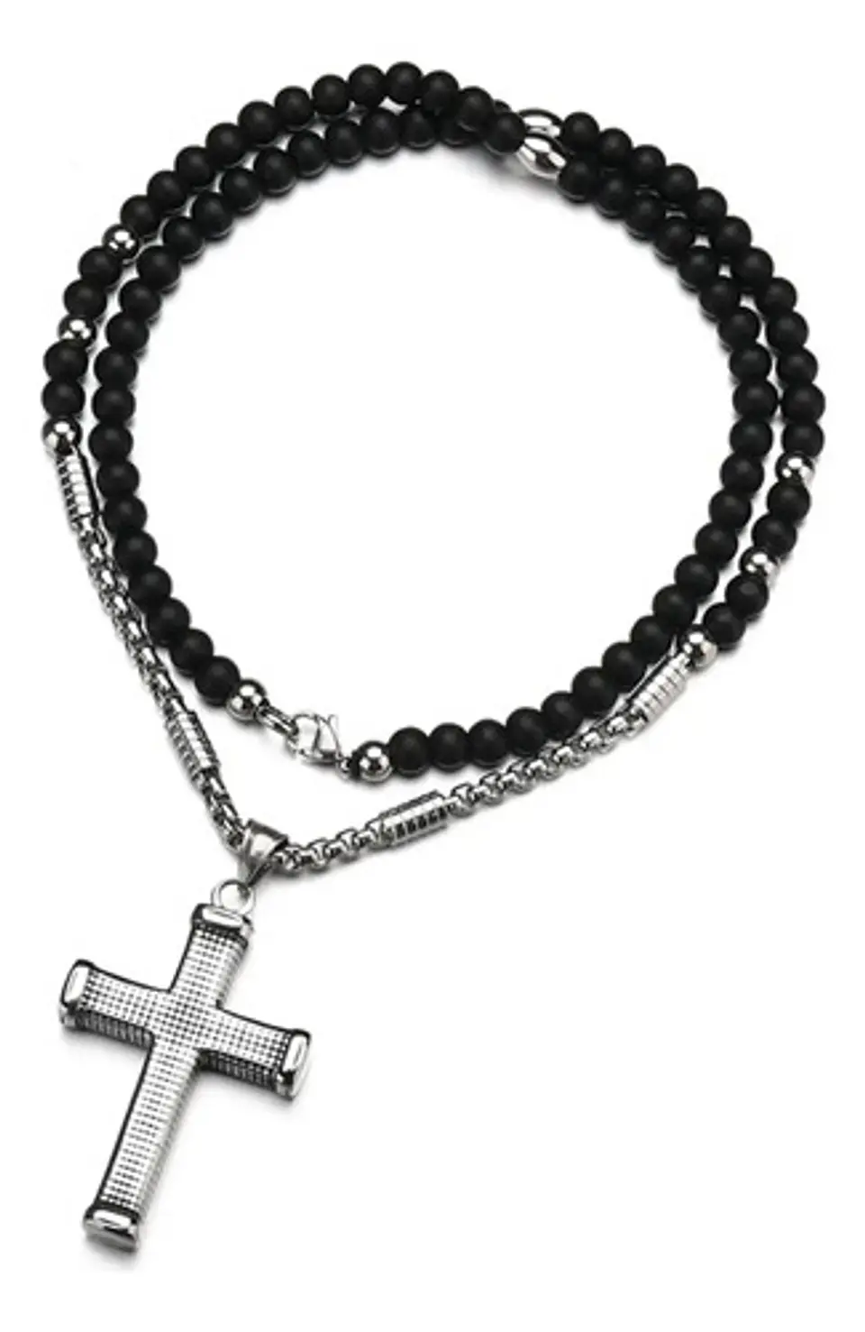 Collar Para Hombre Con Dije Cruz De Acero Cuentas De Ágata  Plateado 2