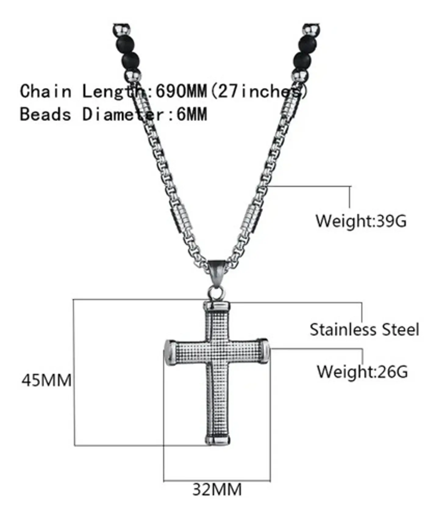 Collar Para Hombre Con Dije Cruz De Acero Cuentas De Ágata  Plateado 3
