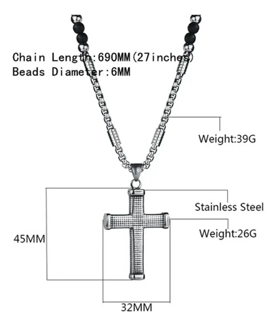 Collar Para Hombre Con Dije Cruz De Acero Cuentas De Ágata  Plateado 3