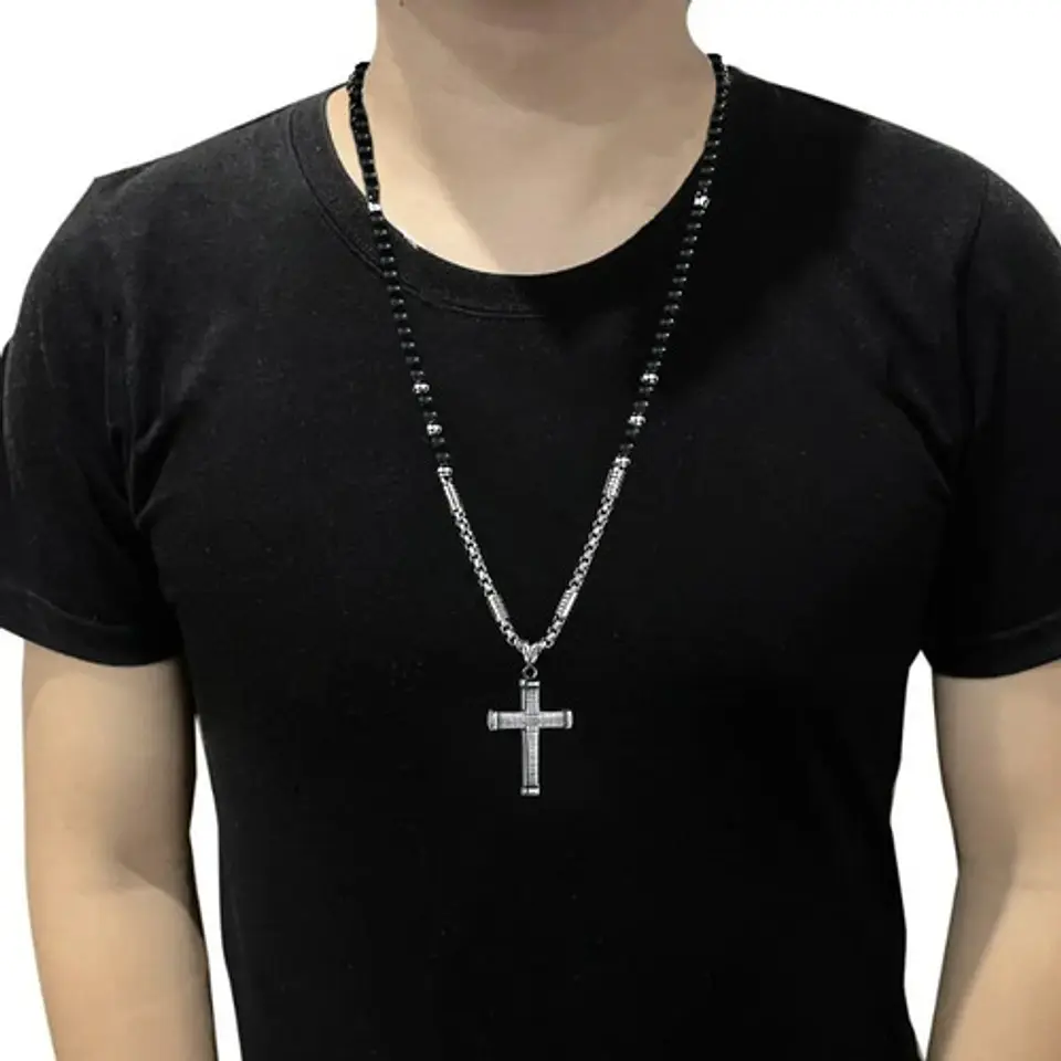 Collar Para Hombre Con Dije Cruz De Acero Cuentas De Ágata  Plateado 4