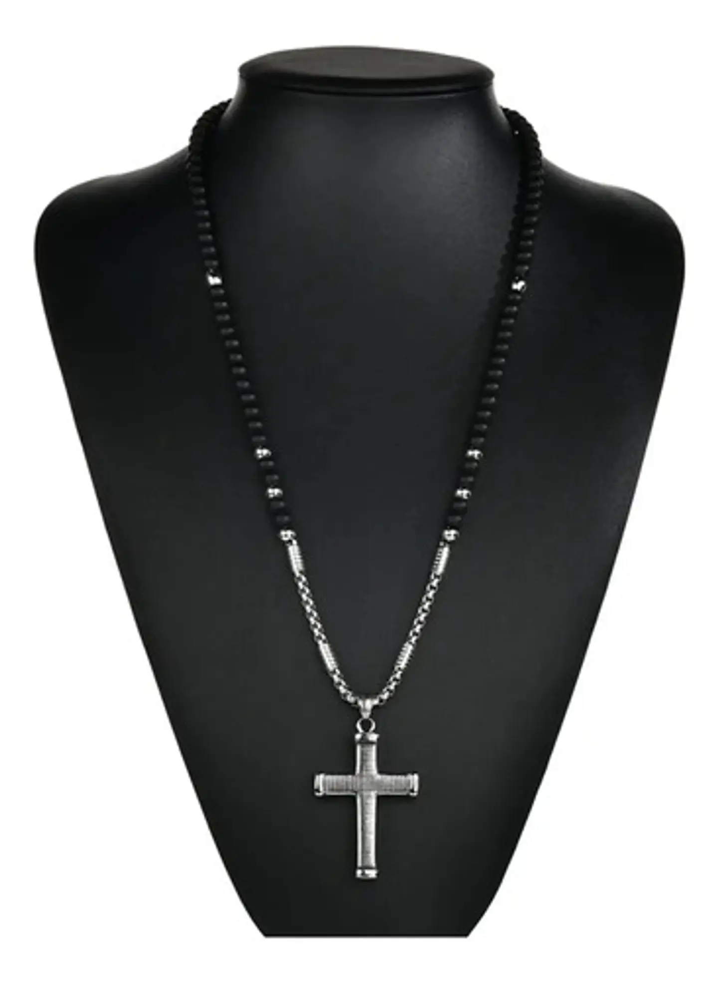 Collar Para Hombre Con Dije Cruz De Acero Cuentas De Ágata  Plateado 5