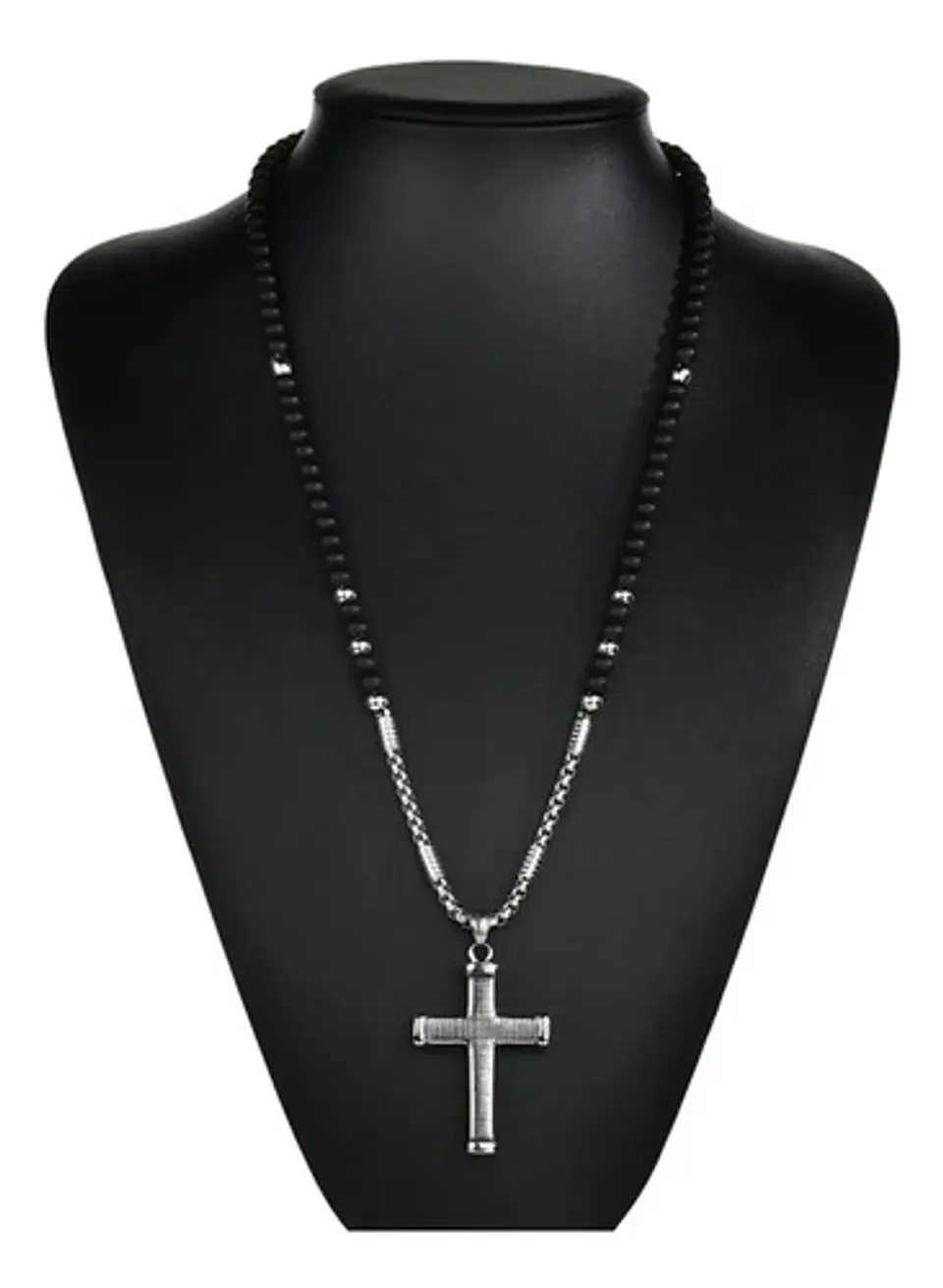 Collar Para Hombre Con Dije Cruz De Acero Cuentas De Ágata  Plateado 5