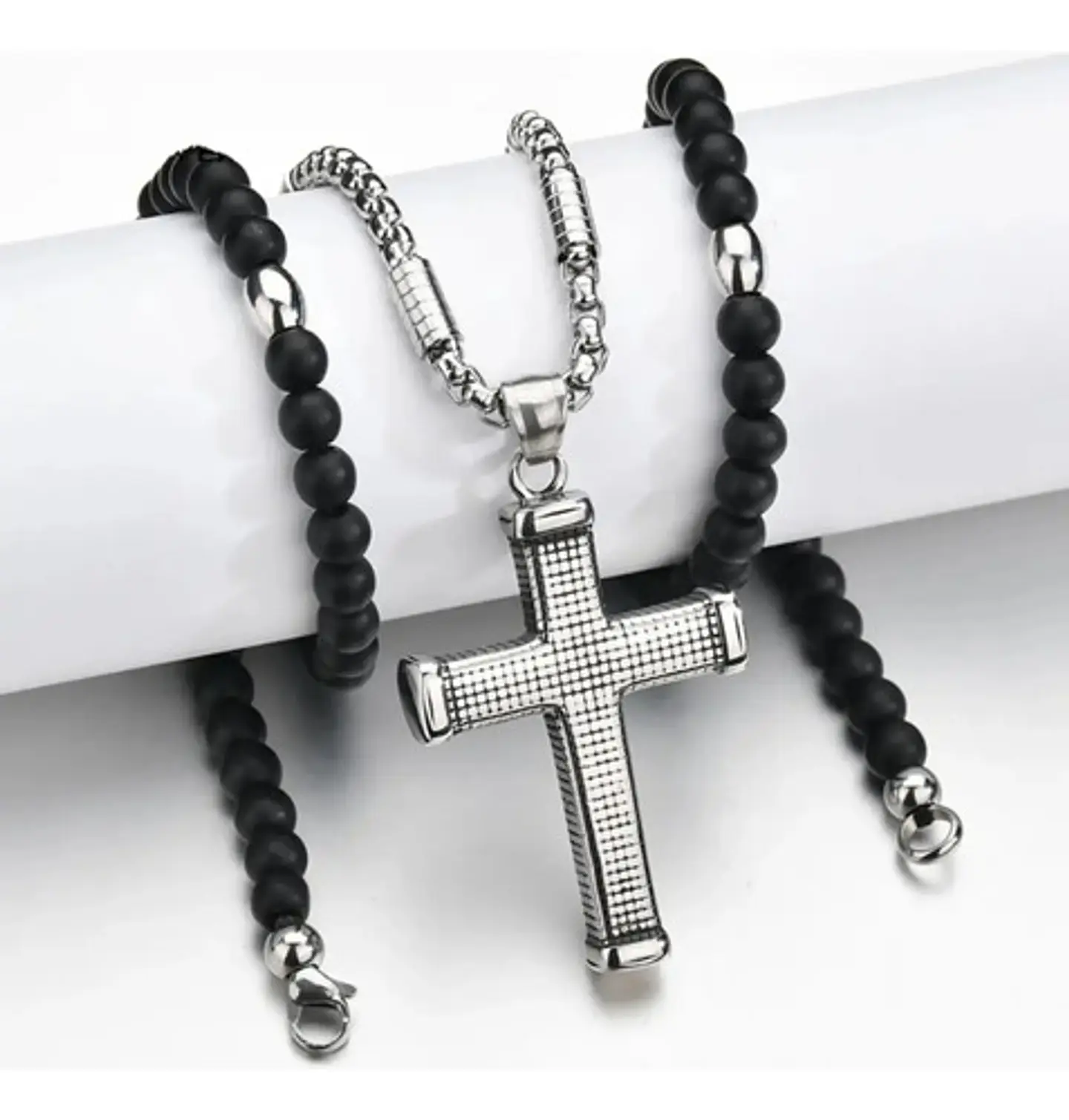Collar Para Hombre Con Dije Cruz De Acero Cuentas De Ágata  Plateado 6