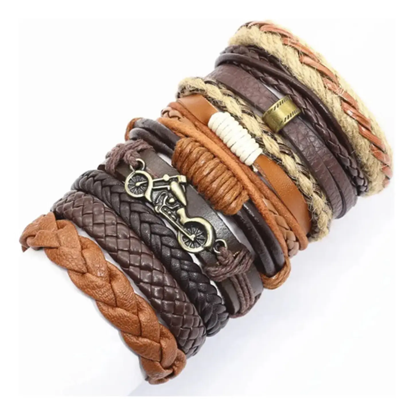 Set De 10 Manillas Cuero Ajustable Pulseras Artesanales Moto 1