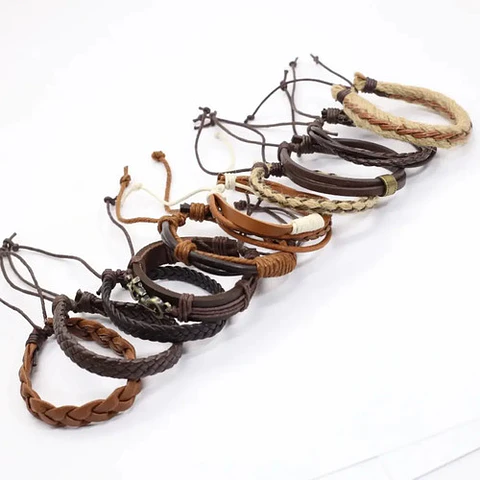 Set De 10 Manillas Cuero Ajustable Pulseras Artesanales Moto