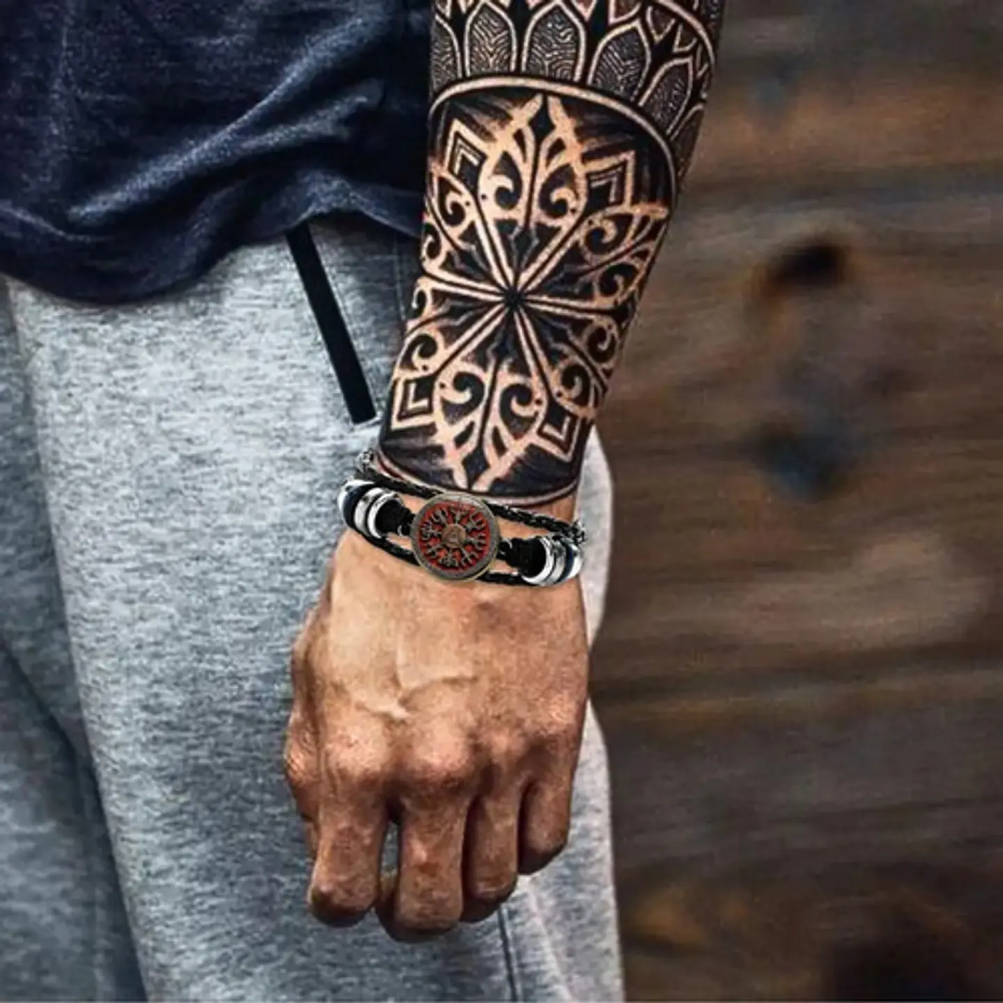 Pulsera Para Hombre Manilla Cuero Brújula Vikinga Vegvisir 2