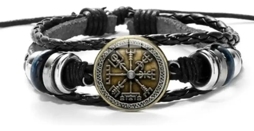 Pulsera Para Hombre Manilla Cuero Brújula Vikinga Vegvisir 12