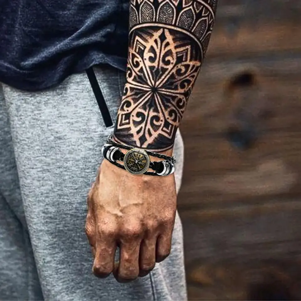 Pulsera Para Hombre Manilla Cuero Brújula Vikinga Vegvisir 17