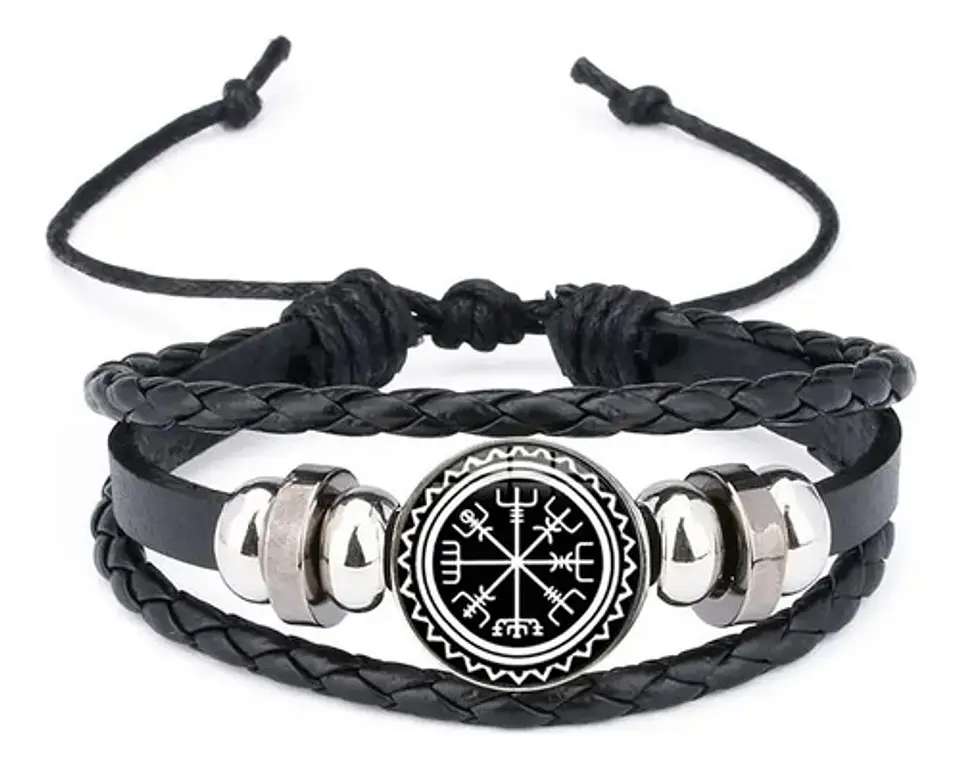 Pulsera Para Hombre Manilla Cuero Brújula Vikinga Vegvisir 23