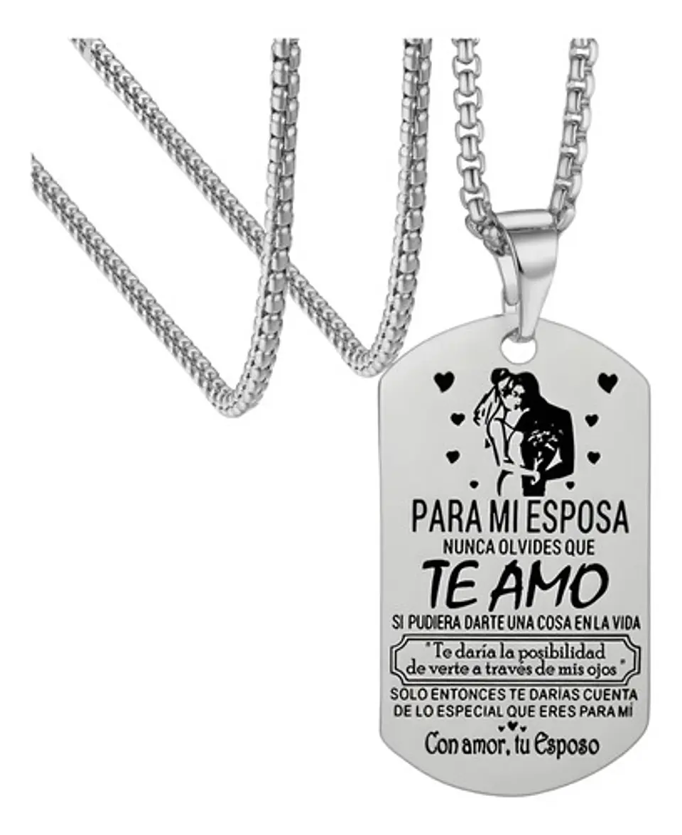 Collar Mujer Con Dije Placa Para Mi Esposa Acero Color Plata 1