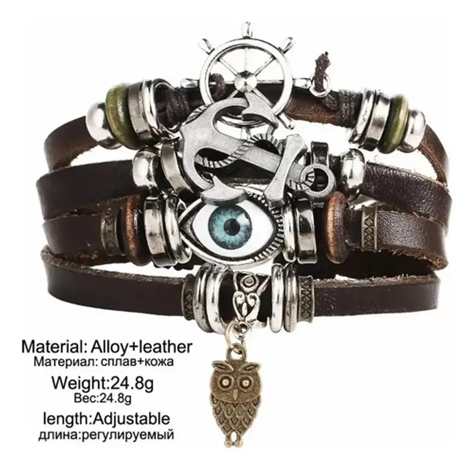 Pulsera Manilla Hombre Y Mujer De Cuero Con Ojo Turco Ancla  2