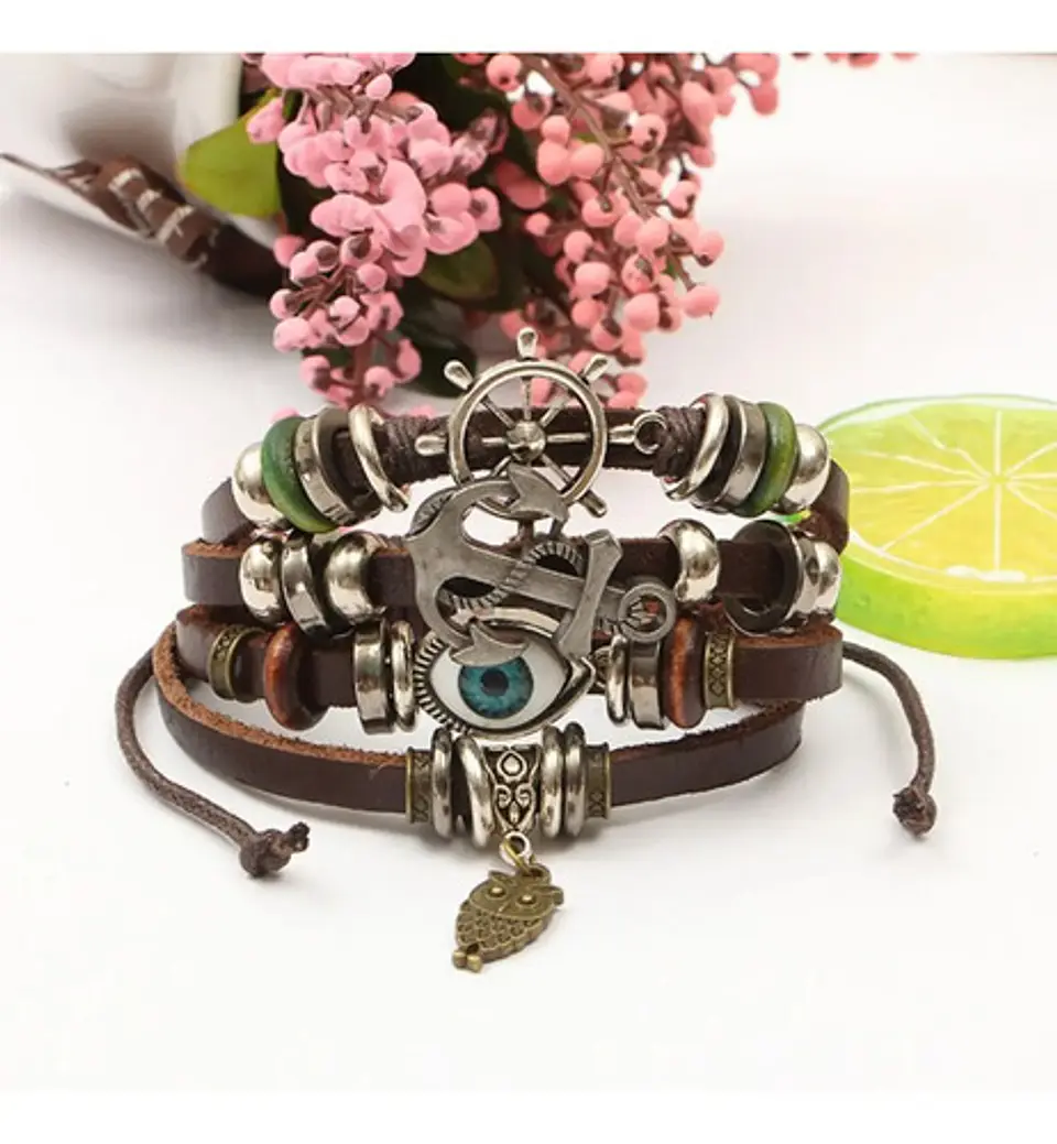 Pulsera Manilla Hombre Y Mujer De Cuero Con Ojo Turco Ancla  8