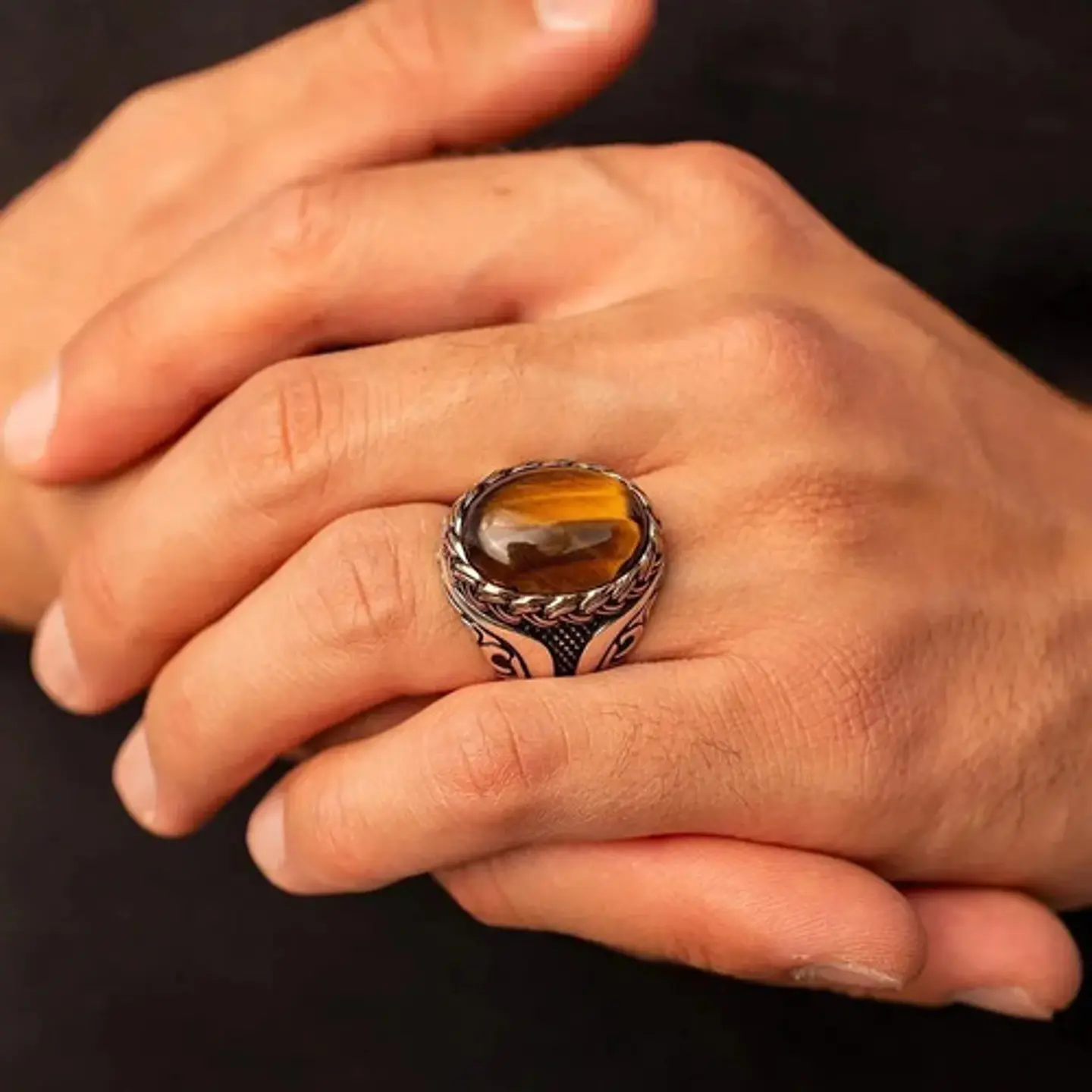 Anillo Turco Para Hombre Y Mujer Con Piedra Ojo De Tigre  2