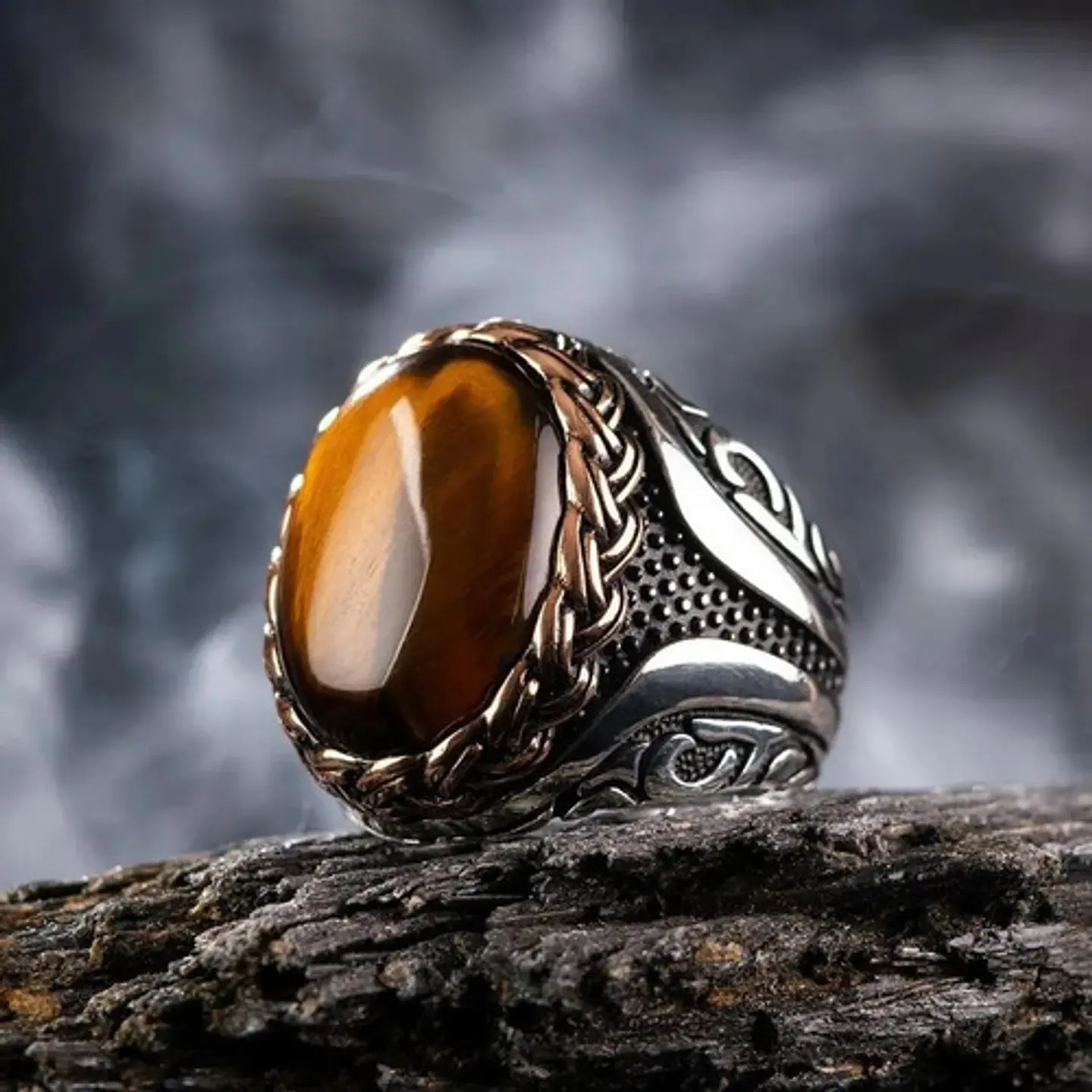 Anillo Turco Para Hombre Y Mujer Con Piedra Ojo De Tigre  3