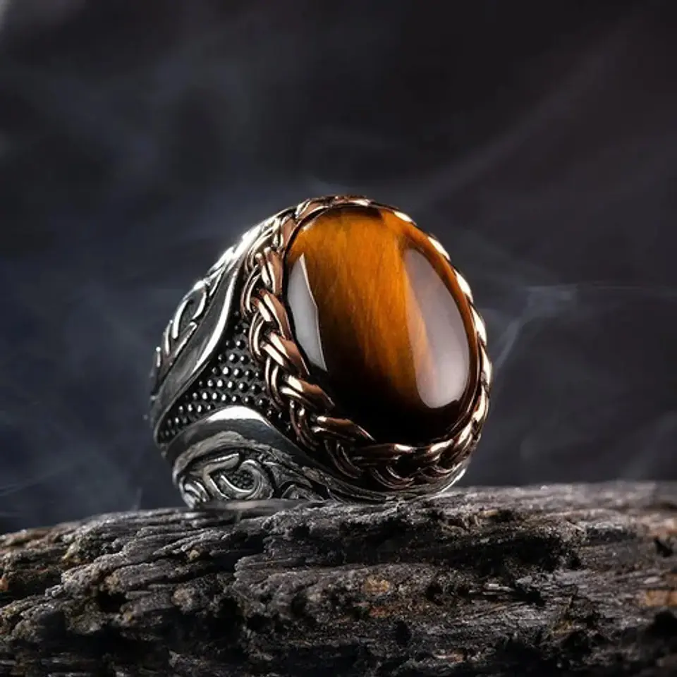 Anillo Turco Para Hombre Y Mujer Con Piedra Ojo De Tigre  4