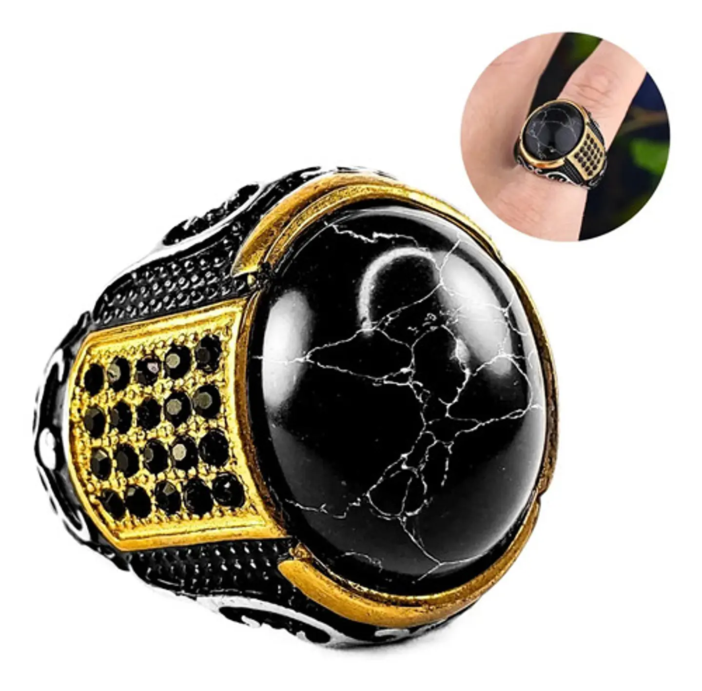 Anillo Gótico Para Hombre Con Piedra Negra Retro Moderno Cz 1