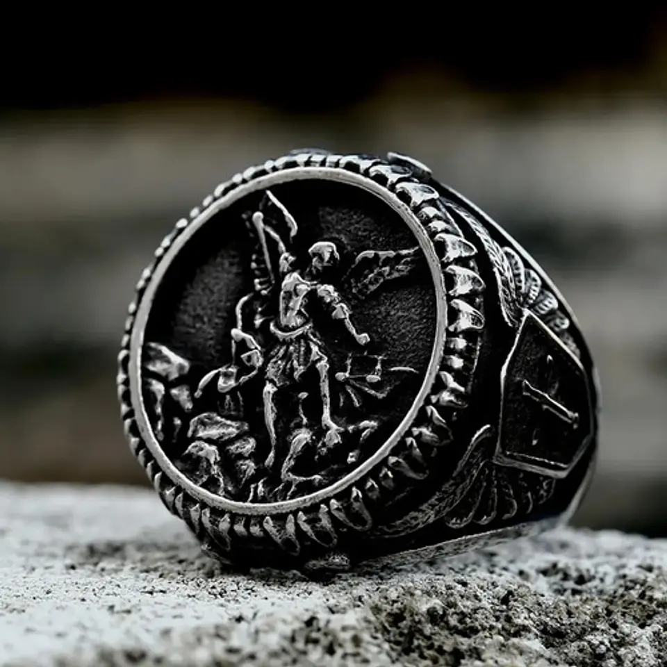Gran Anillo Para Hombre Amuleto St Michael Arcángel Acero 3