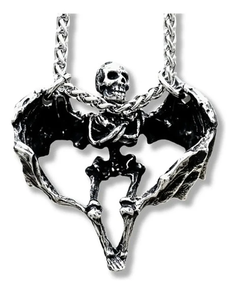 Collar Para Hombre Y Mujer Con Dije Calavera Alada De Acero  Plateado