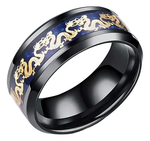 Anillo Argolla Acero Inoxidable Cadena Dragón Negro Hombre
