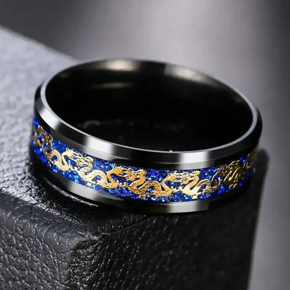 Anillo Argolla Acero Inoxidable Cadena Dragón Negro Hombre 4