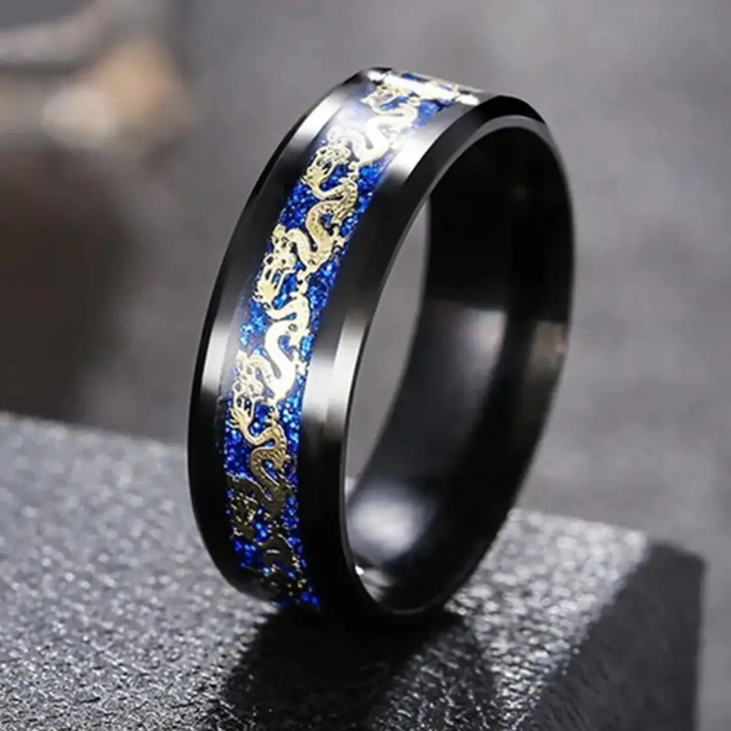 Anillo Argolla Acero Inoxidable Cadena Dragón Negro Hombre 5