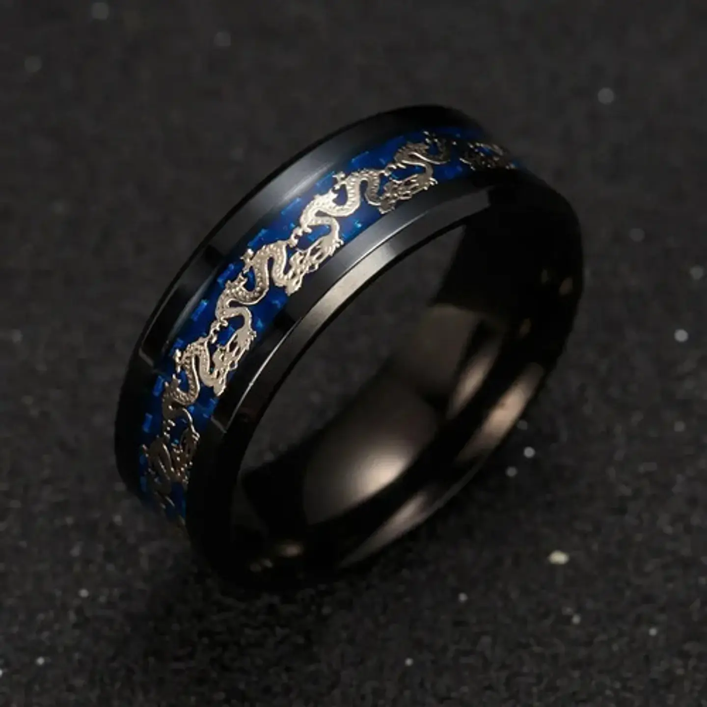 Anillo Argolla Acero Inoxidable Cadena Dragón Negro Hombre 10