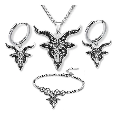 Set Joyería Para Hombre Mujer Con Cabeza De Cabra Pentagrama Plateado