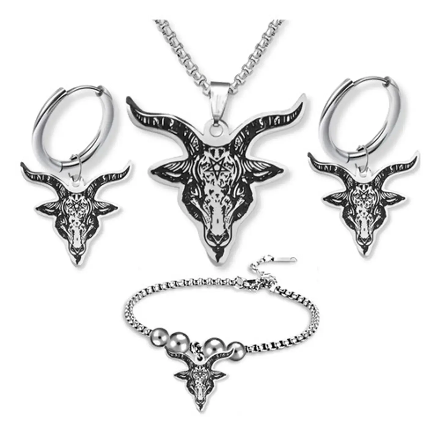 Set Joyería Para Hombre Mujer Con Cabeza De Cabra Pentagrama Plateado 1