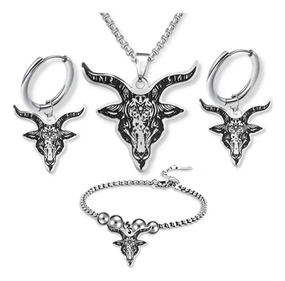 Set Joyería Para Hombre Mujer Con Cabeza De Cabra Pentagrama Plateado 1