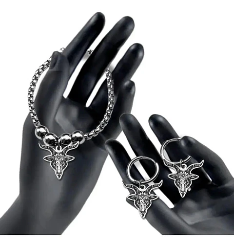 Set Joyería Para Hombre Mujer Con Cabeza De Cabra Pentagrama Plateado
