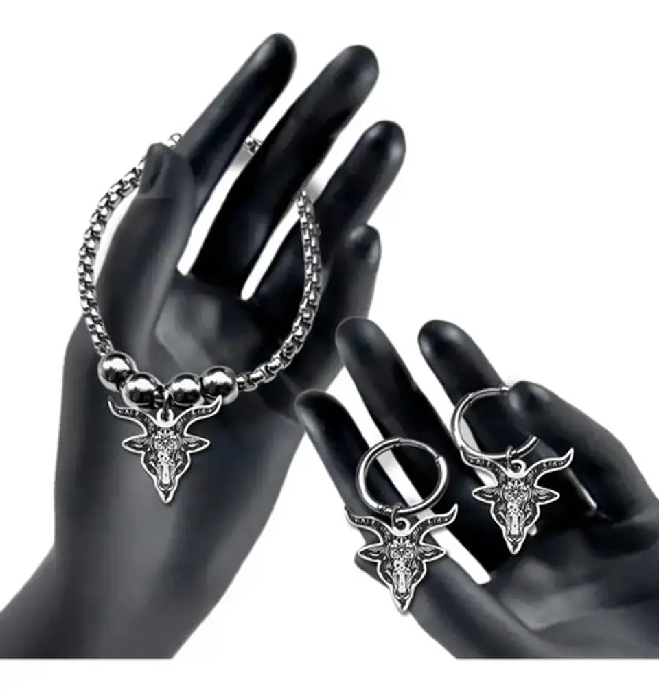 Set Joyería Para Hombre Mujer Con Cabeza De Cabra Pentagrama Plateado 2