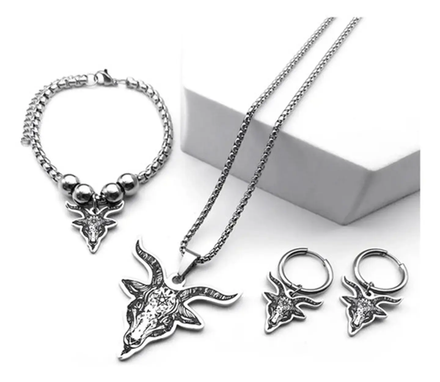 Set Joyería Para Hombre Mujer Con Cabeza De Cabra Pentagrama Plateado 6