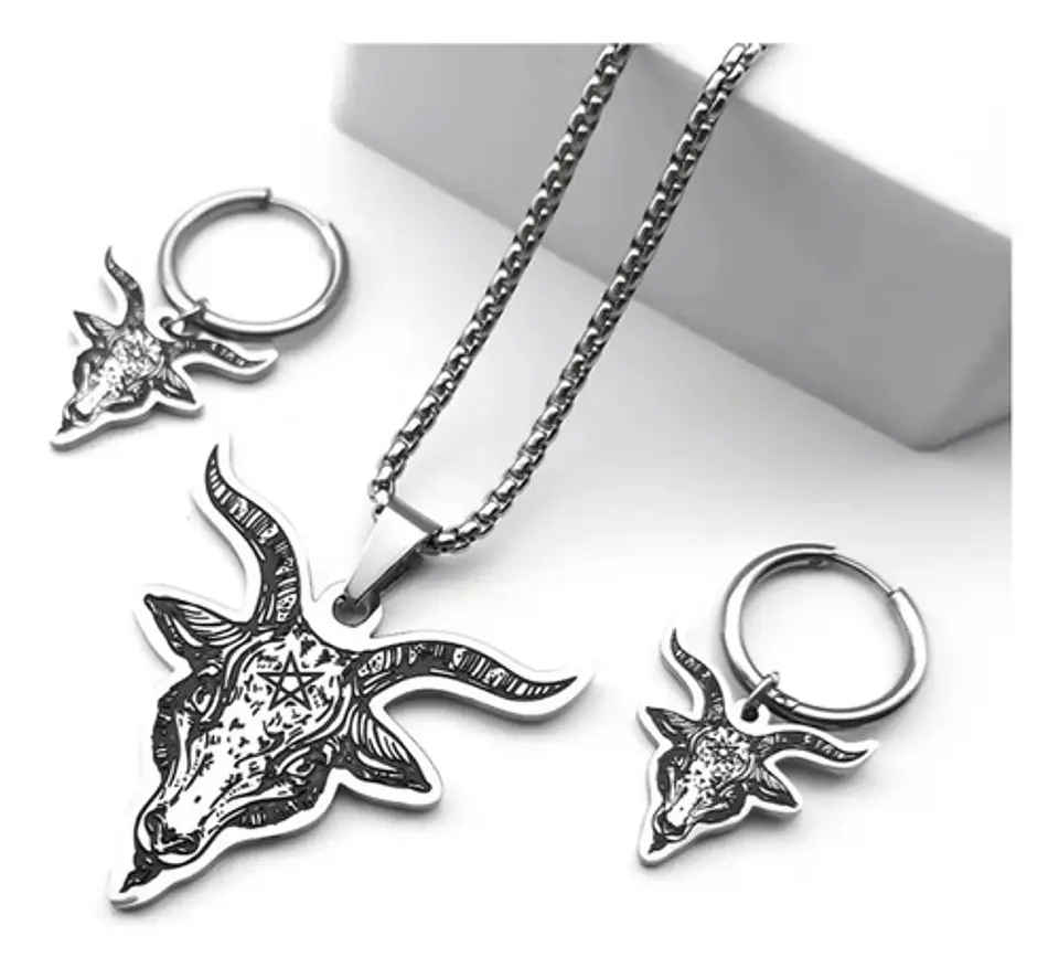 Set Joyería Para Hombre Mujer Con Cabeza De Cabra Pentagrama Plateado 7