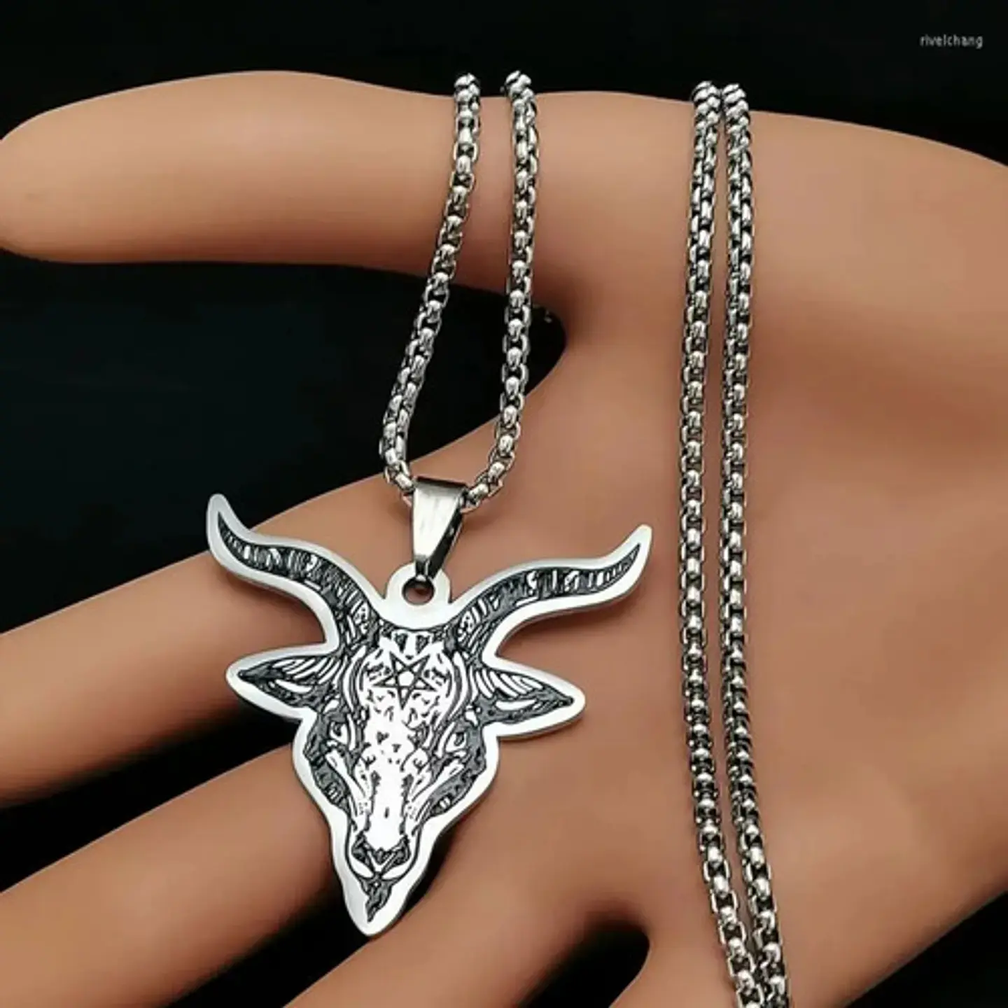 Set Joyería Para Hombre Mujer Con Cabeza De Cabra Pentagrama Plateado 9