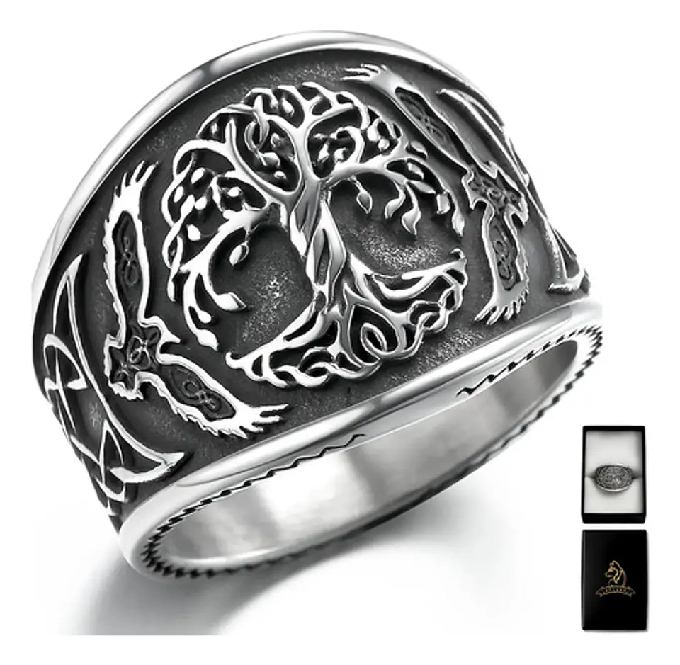Anillo Para Hombre Amuleto Vikingo Árbol De Vida Yggdrasil 1