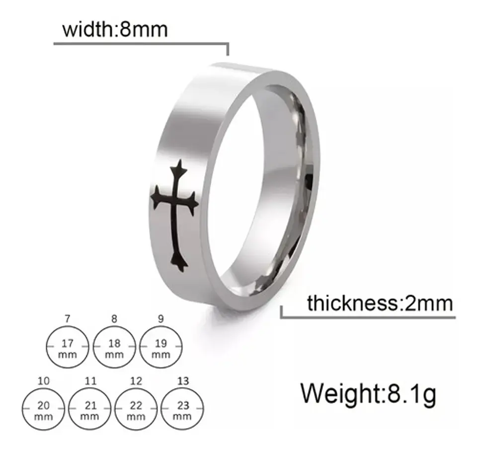 Anillo Con Cruz 8mm Para Hombre Y Mujer De Acero Color Plata 2