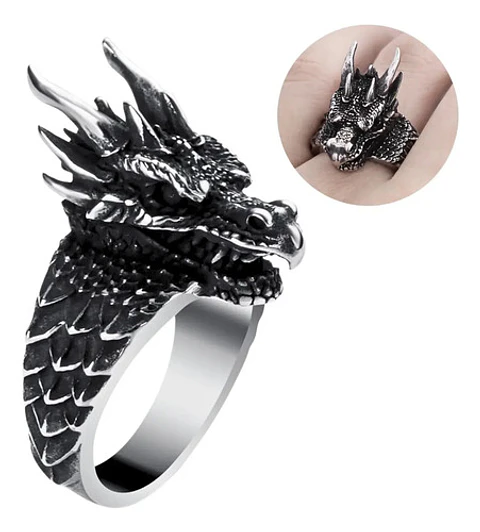 Anillo Para Hombre Con Forma De Cabeza De Dragón 3d De Acero