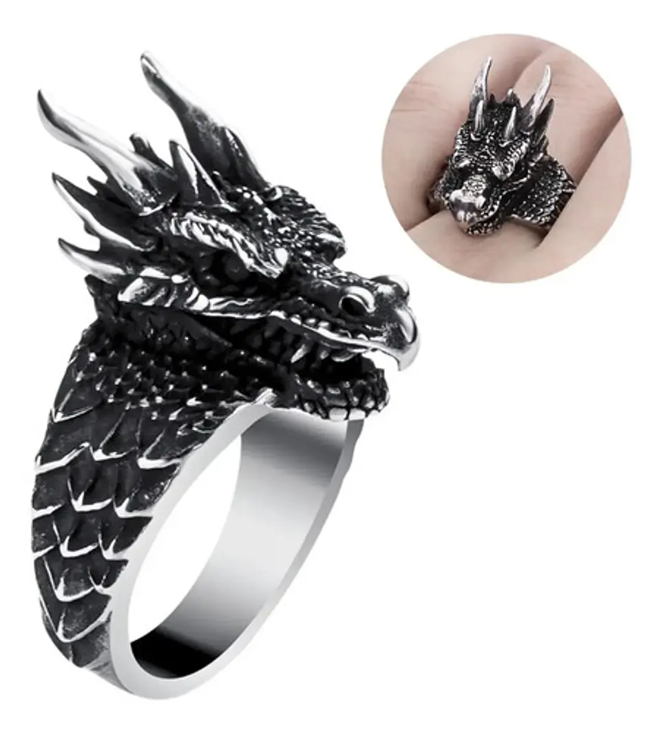 Anillo Para Hombre Con Forma De Cabeza De Dragón 3d De Acero 1